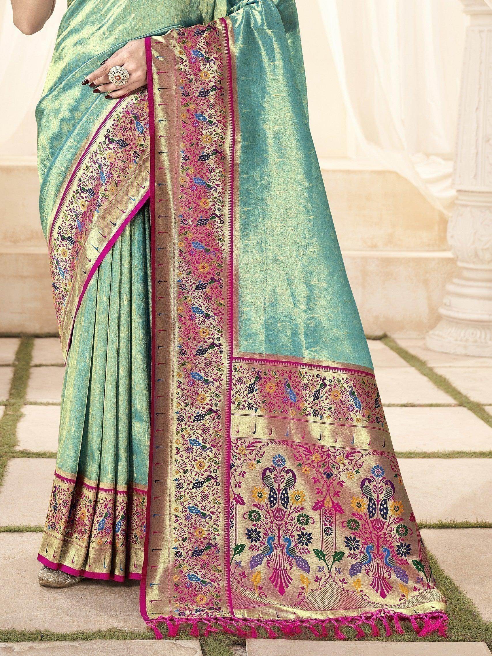 Gorgeous Turquoise Blue Handloom Weaving Silk Saree With Blouse - Zeel Clothing