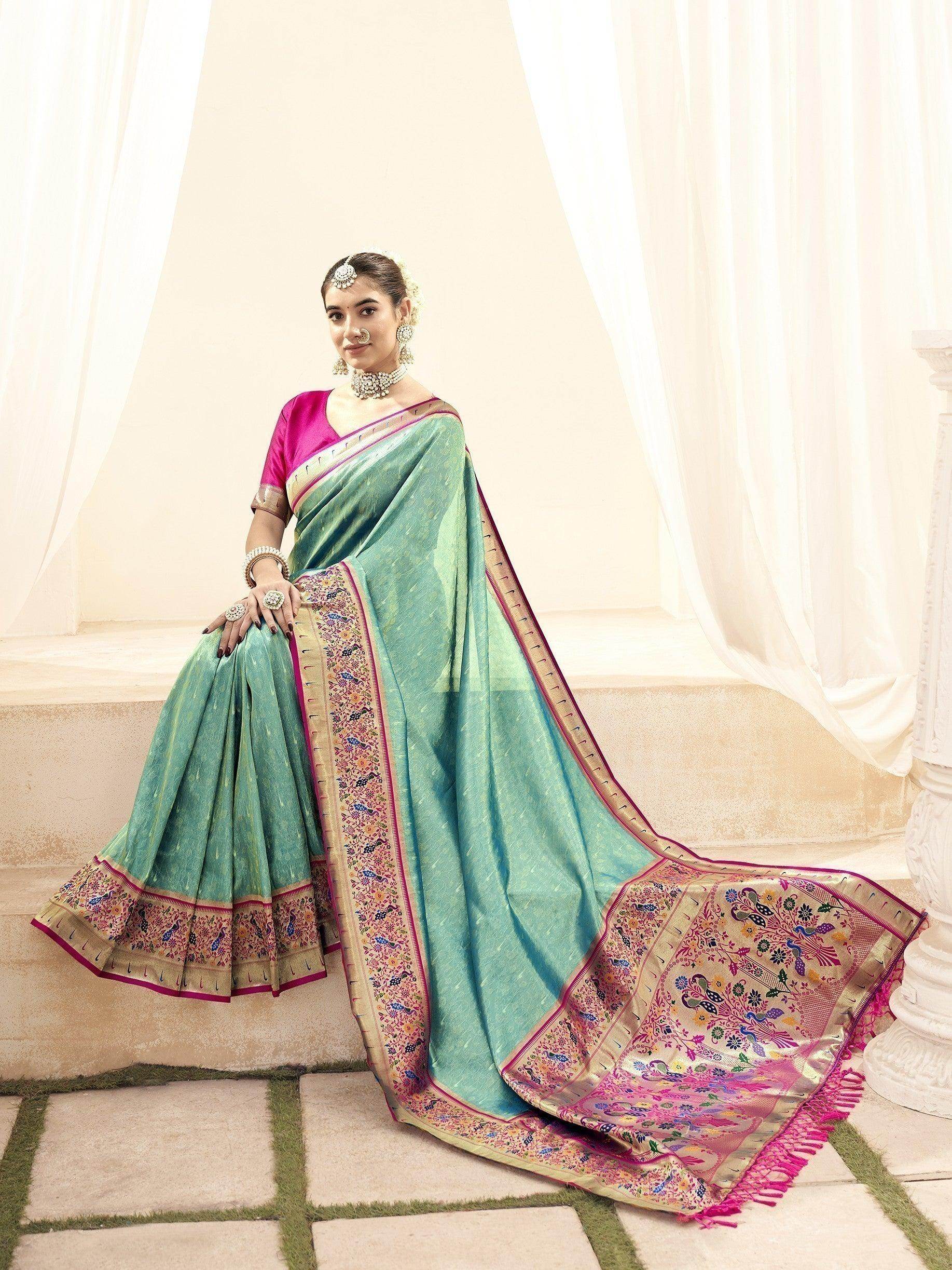 Gorgeous Turquoise Blue Handloom Weaving Silk Saree With Blouse - Zeel Clothing