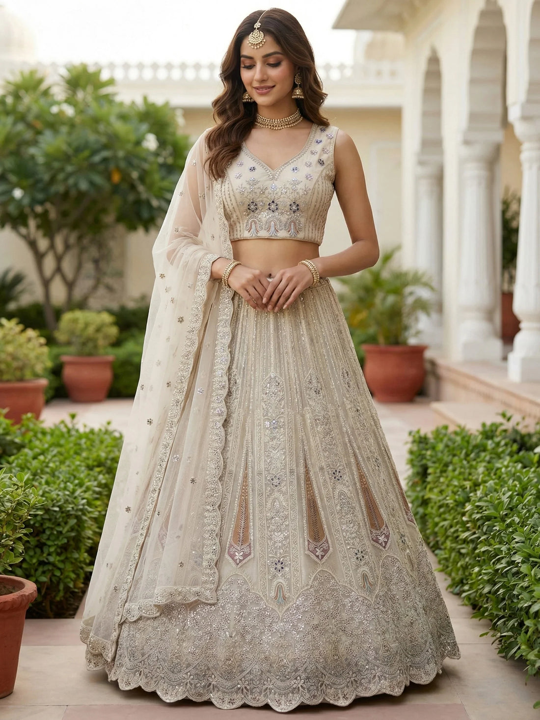 Gorgeous White Thread Work Net Sangeet Wear Lehenga With Blouse