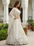 Gorgeous White Thread Work Net Sangeet Wear Lehenga With Blouse
