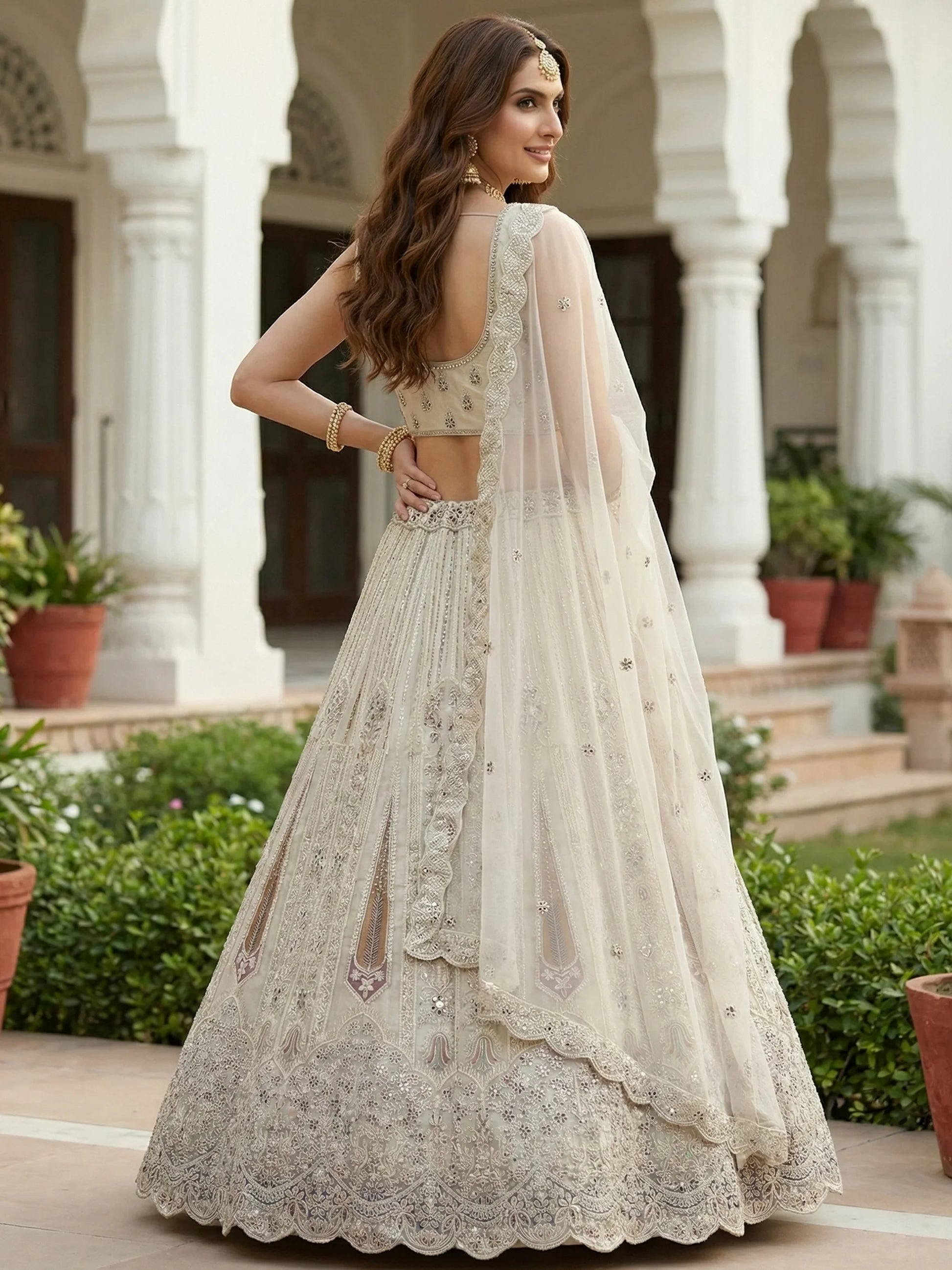 Gorgeous White Thread Work Net Sangeet Wear Lehenga With Blouse
