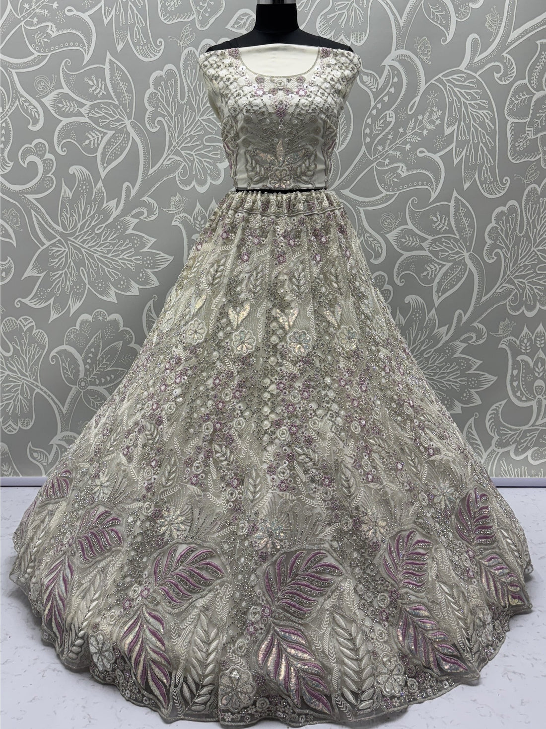 Gorgeous White Zircon Work Net Sangeet Wear Lehenga Choli With Dupatta - Zeel Clothing