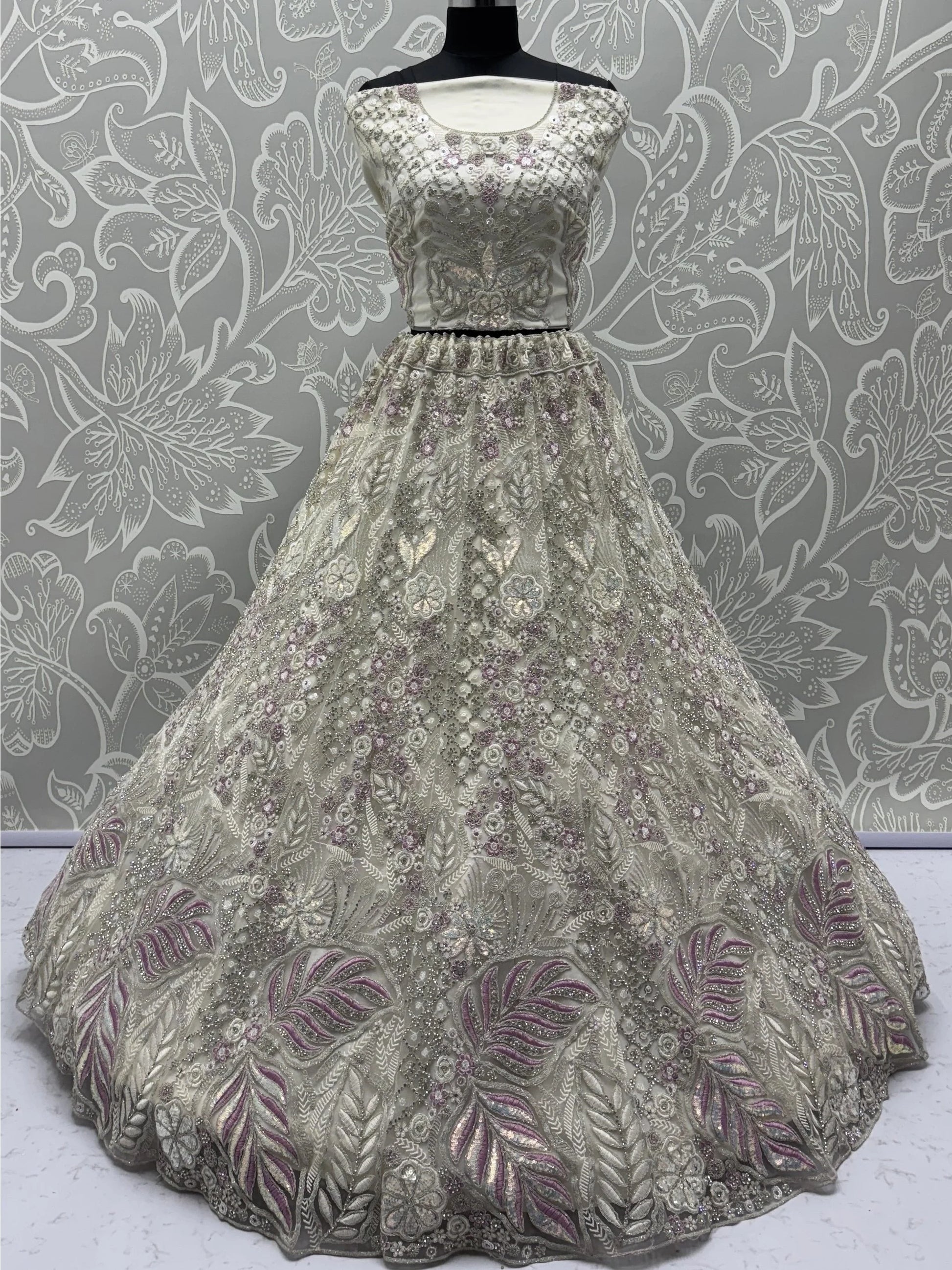 Gorgeous White Zircon Work Net Sangeet Wear Lehenga Choli With Dupatta - Zeel Clothing