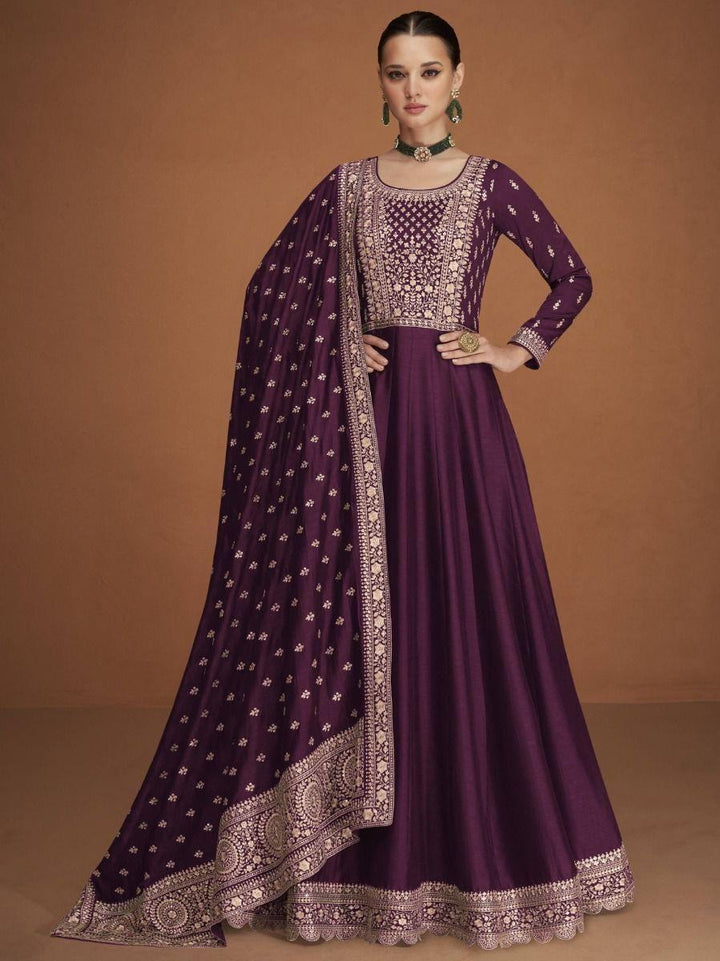 Gorgeous Wine  Embroidered Silk Festival Wear Gown
