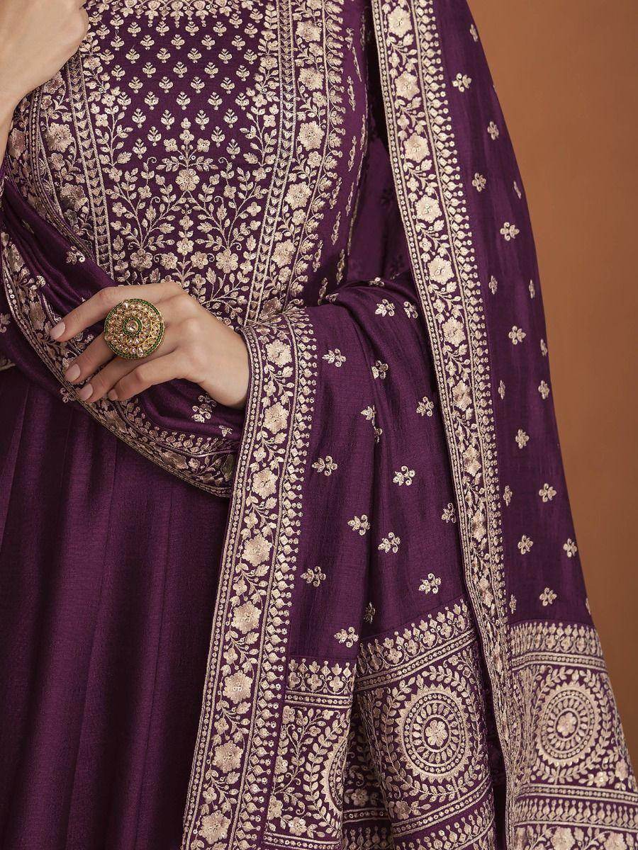Gorgeous Wine Embroidered Silk Festival Wear Gown - Zeel Clothing