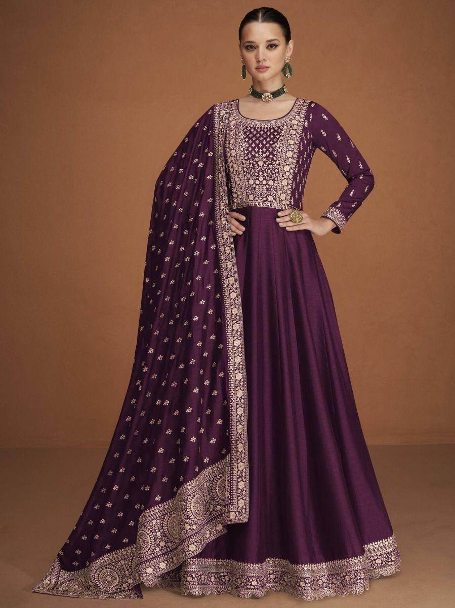 Gorgeous Wine Embroidered Silk Festival Wear Gown - Zeel Clothing