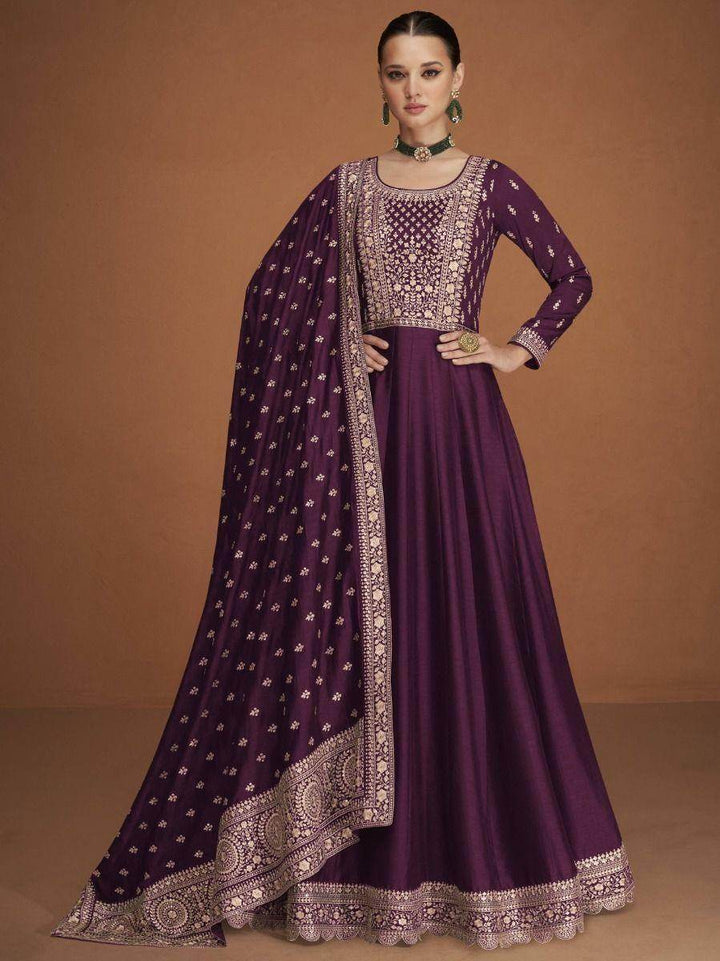 Gorgeous Wine Embroidered Silk Festival Wear Gown - Zeel Clothing