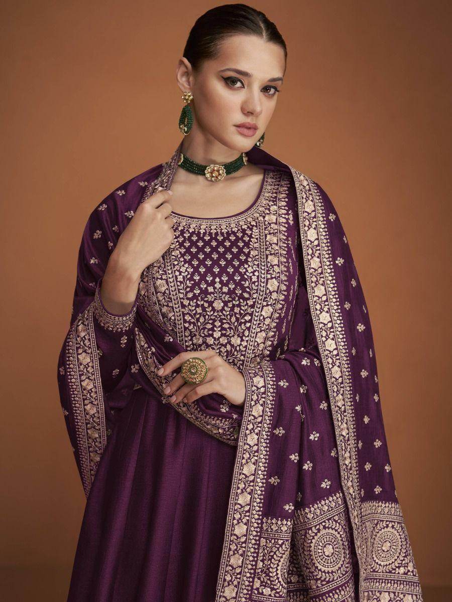 Gorgeous Wine Embroidered Silk Festival Wear Gown - Zeel Clothing