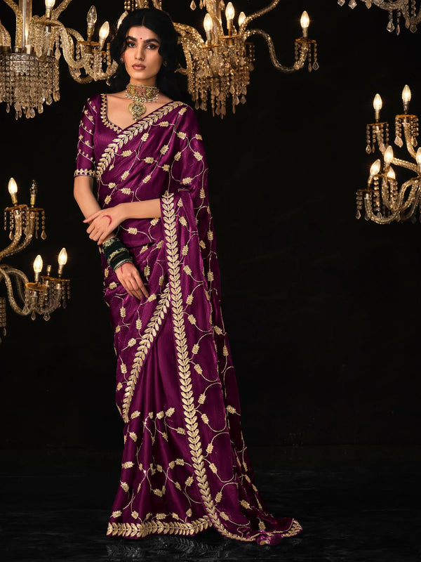 Gorgeous Wine Embroidered Tissue Silk Wedding Saree With Blouse - Zeel Clothing