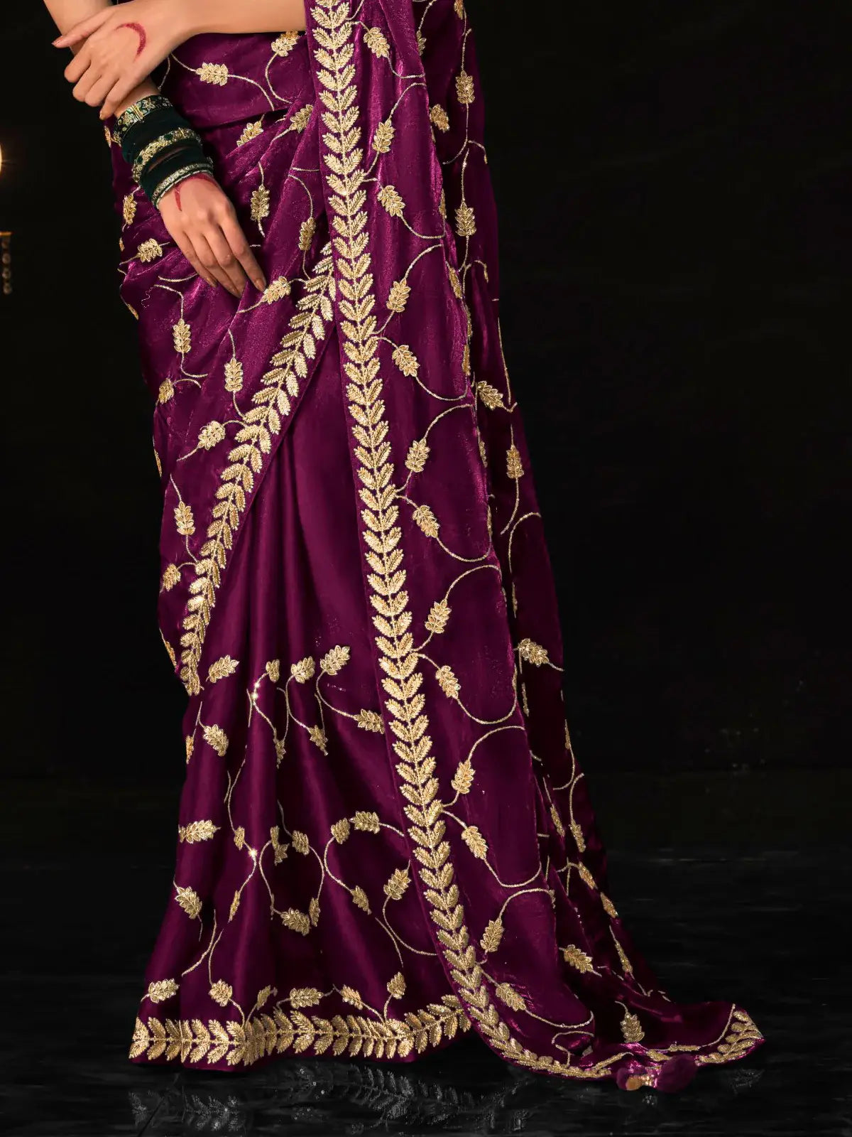 Gorgeous Wine Embroidered Tissue Silk Wedding Saree With Blouse - Zeel Clothing