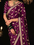 Gorgeous Wine Embroidered Tissue Silk Wedding Saree With Blouse - Zeel Clothing