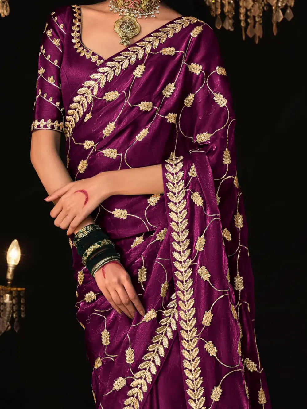 Gorgeous Wine Embroidered Tissue Silk Wedding Saree With Blouse - Zeel Clothing