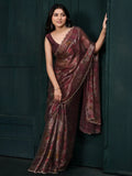 Gorgeous Wine Floral Printed Silk Evening Wear Saree With Blouse - Zeel Clothing