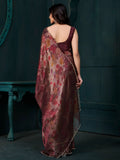 Gorgeous Wine Floral Printed Silk Evening Wear Saree With Blouse - Zeel Clothing