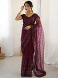 Gorgeous Wine Sequins Net Reception Wear Saree With Blouse - Zeel Clothing