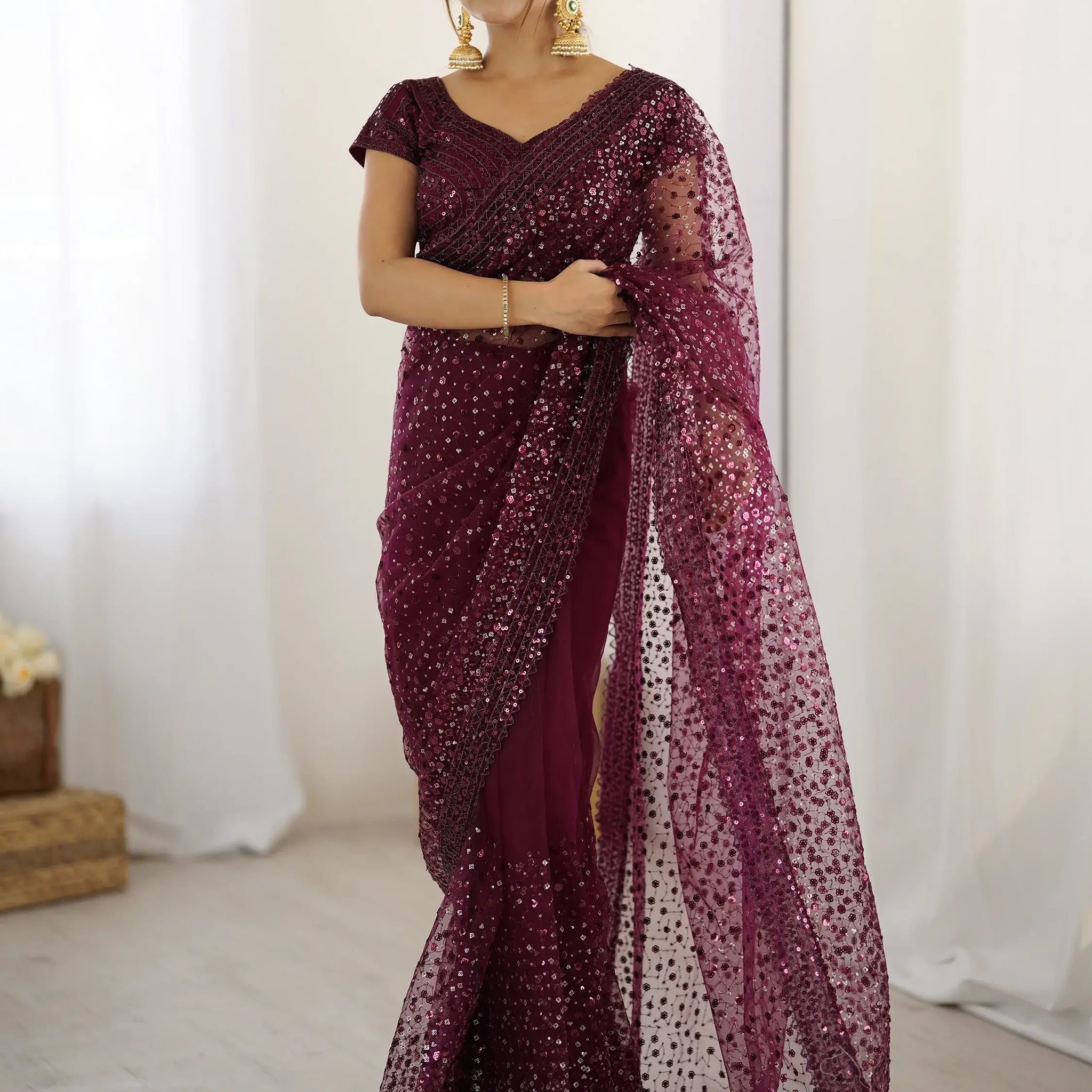 Gorgeous Wine Sequins Net Reception Wear Saree With Blouse - Zeel Clothing