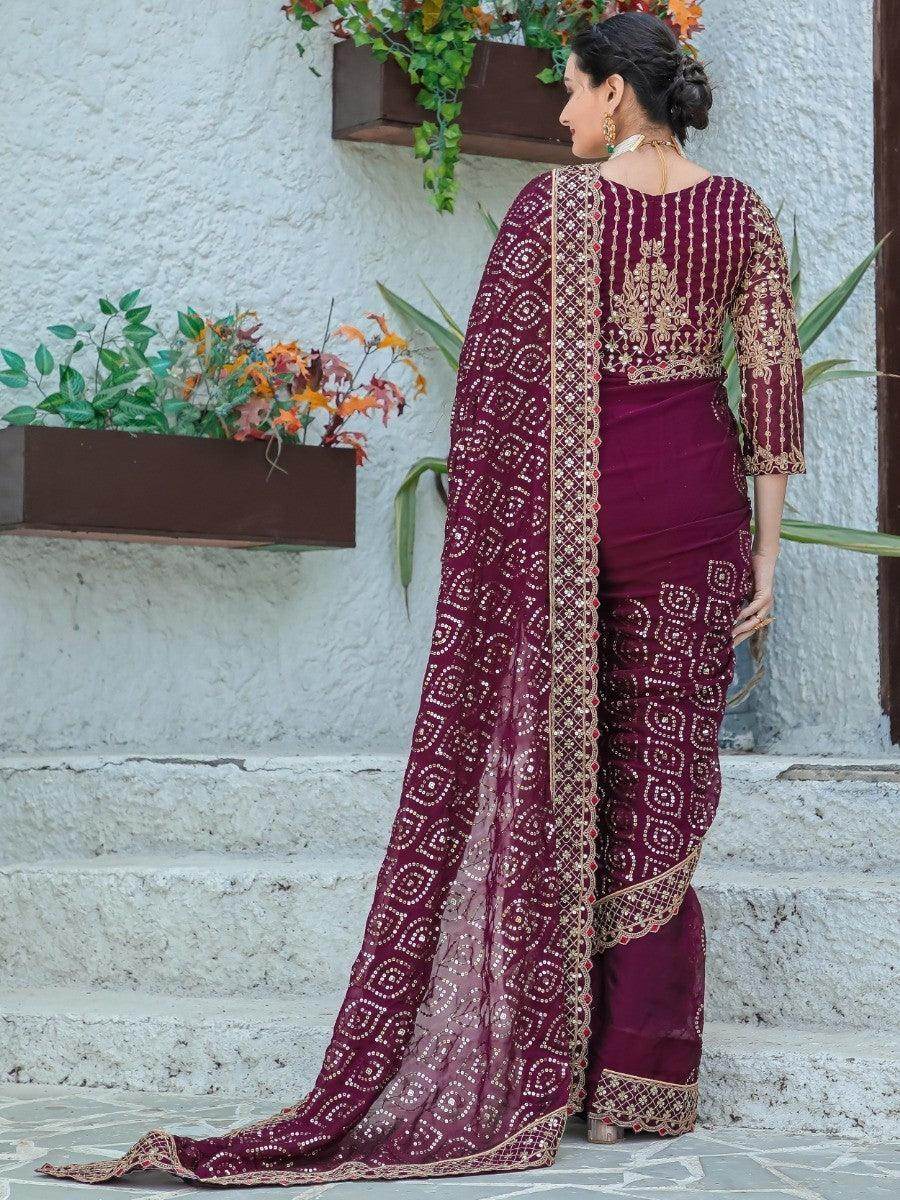 Gorgeous Wine Sequins Silk Engagement Wear Saree With Blouse - Zeel Clothing