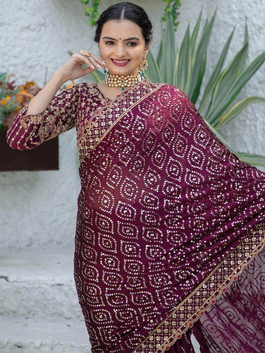 Gorgeous Wine Sequins Silk Engagement Wear Saree With Blouse - Zeel Clothing