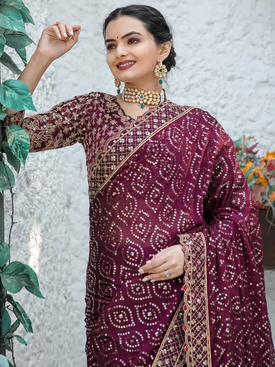 Gorgeous Wine Sequins Silk Engagement Wear Saree With Blouse - Zeel Clothing