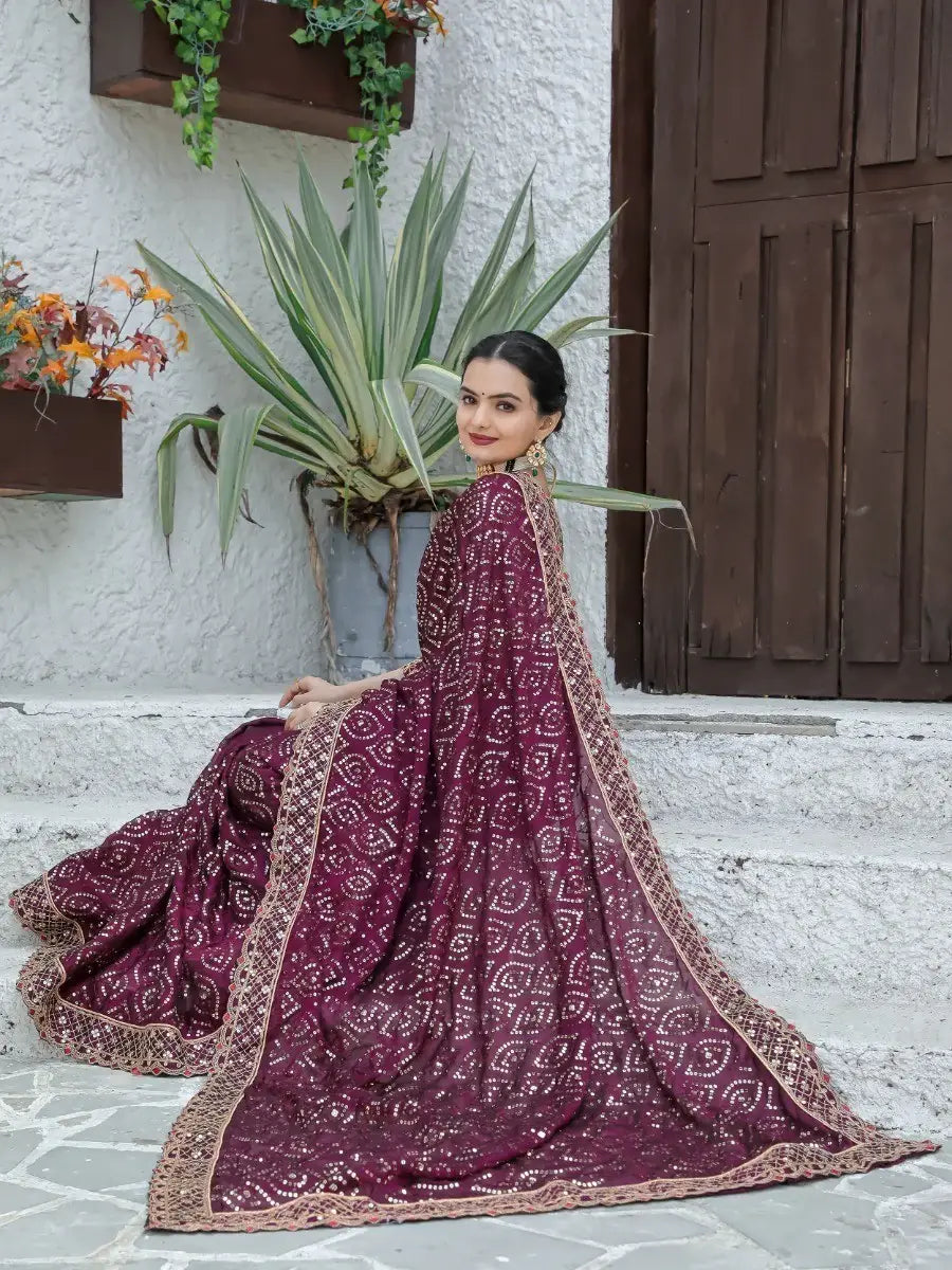 Gorgeous Wine Sequins Silk Engagement Wear Saree With Blouse - Zeel Clothing