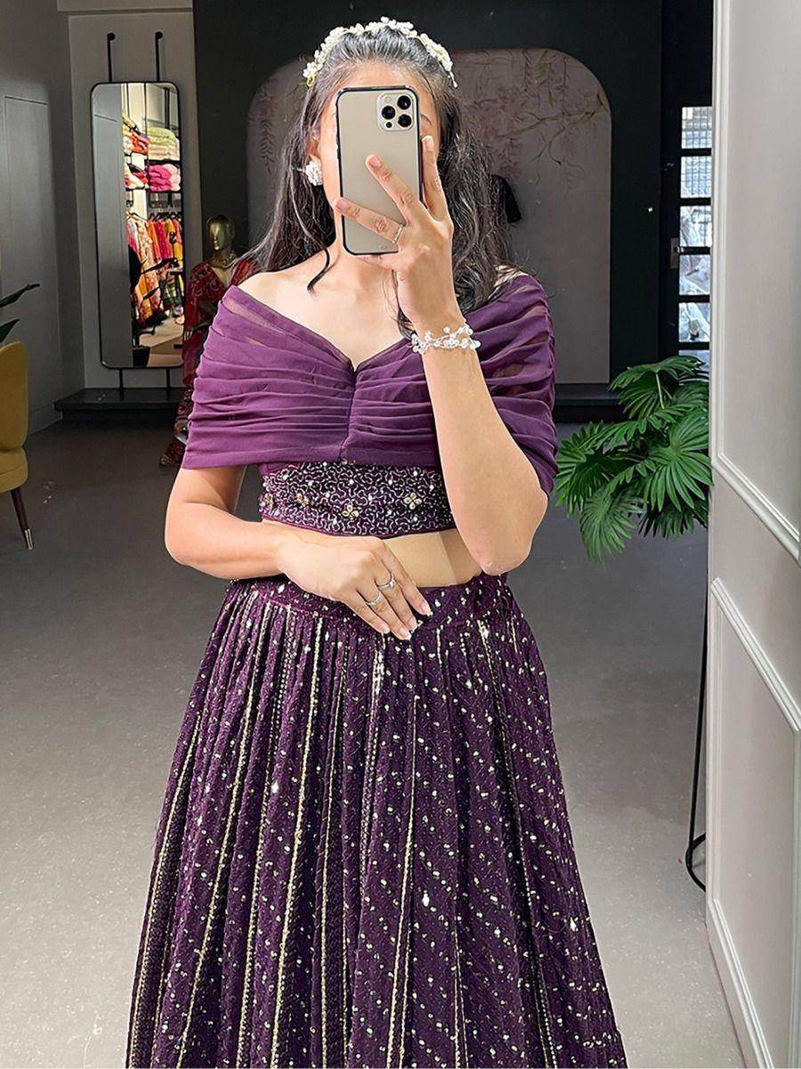 Gorgeous Wine Thread Work Georgette Indo-Western Crop Top Lehenga - Zeel Clothing