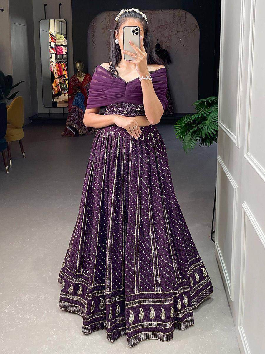 Gorgeous Wine Thread Work Georgette Indo-Western Crop Top Lehenga - Zeel Clothing