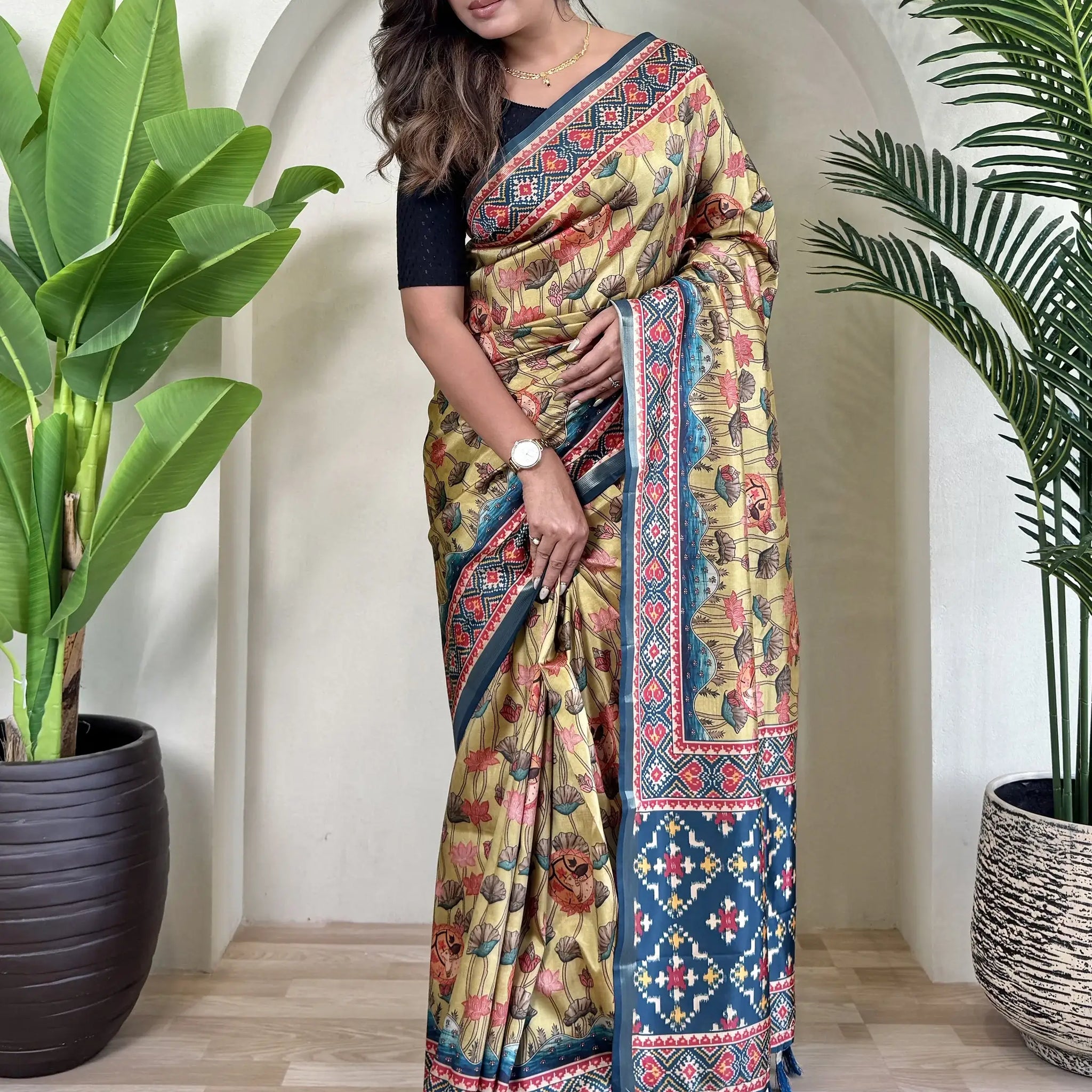 Gorgeous Yellow Pichwai Printed Viscose Silk Casual Wear Saree - Zeel Clothing
