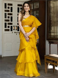 Gorgeous Yellow Sequins Organza Ready To Wear Ruffle Saree - Zeel Clothing