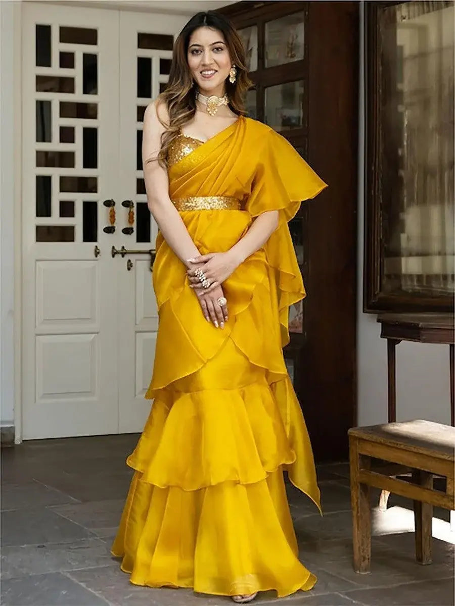 Gorgeous Yellow Sequins Organza Ready To Wear Ruffle Saree - Zeel Clothing