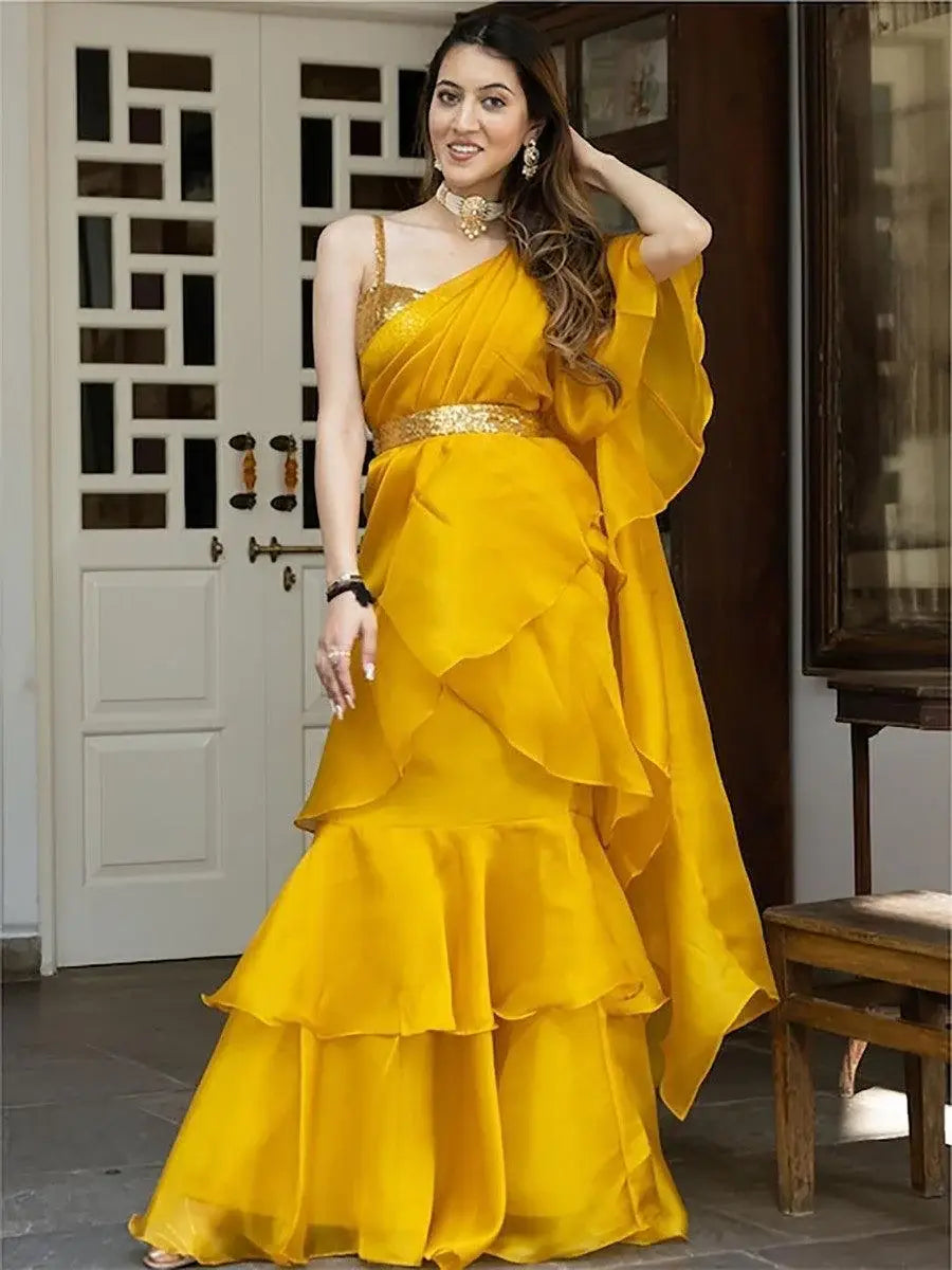 Gorgeous Yellow Sequins Organza Ready To Wear Ruffle Saree - Zeel Clothing