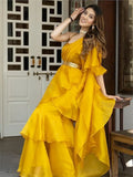 Gorgeous Yellow Sequins Organza Ready To Wear Ruffle Saree - Zeel Clothing