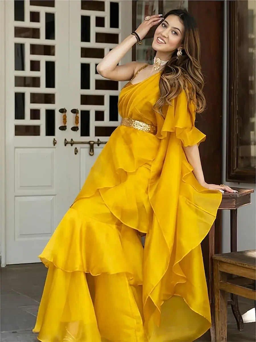 Gorgeous Yellow Sequins Organza Ready To Wear Ruffle Saree - Zeel Clothing