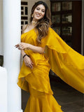 Gorgeous Yellow Sequins Organza Ready To Wear Ruffle Saree - Zeel Clothing