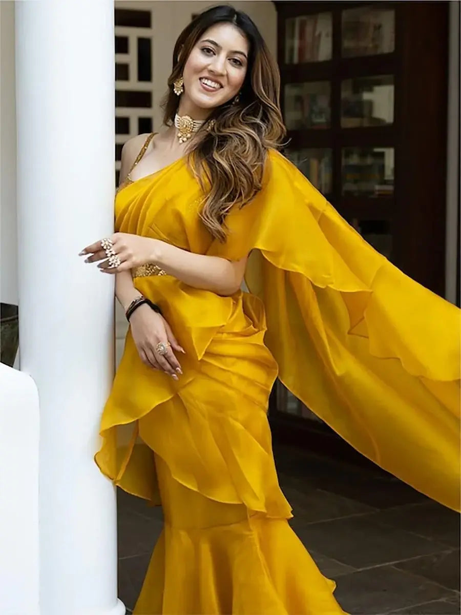 Gorgeous Yellow Sequins Organza Ready To Wear Ruffle Saree - Zeel Clothing