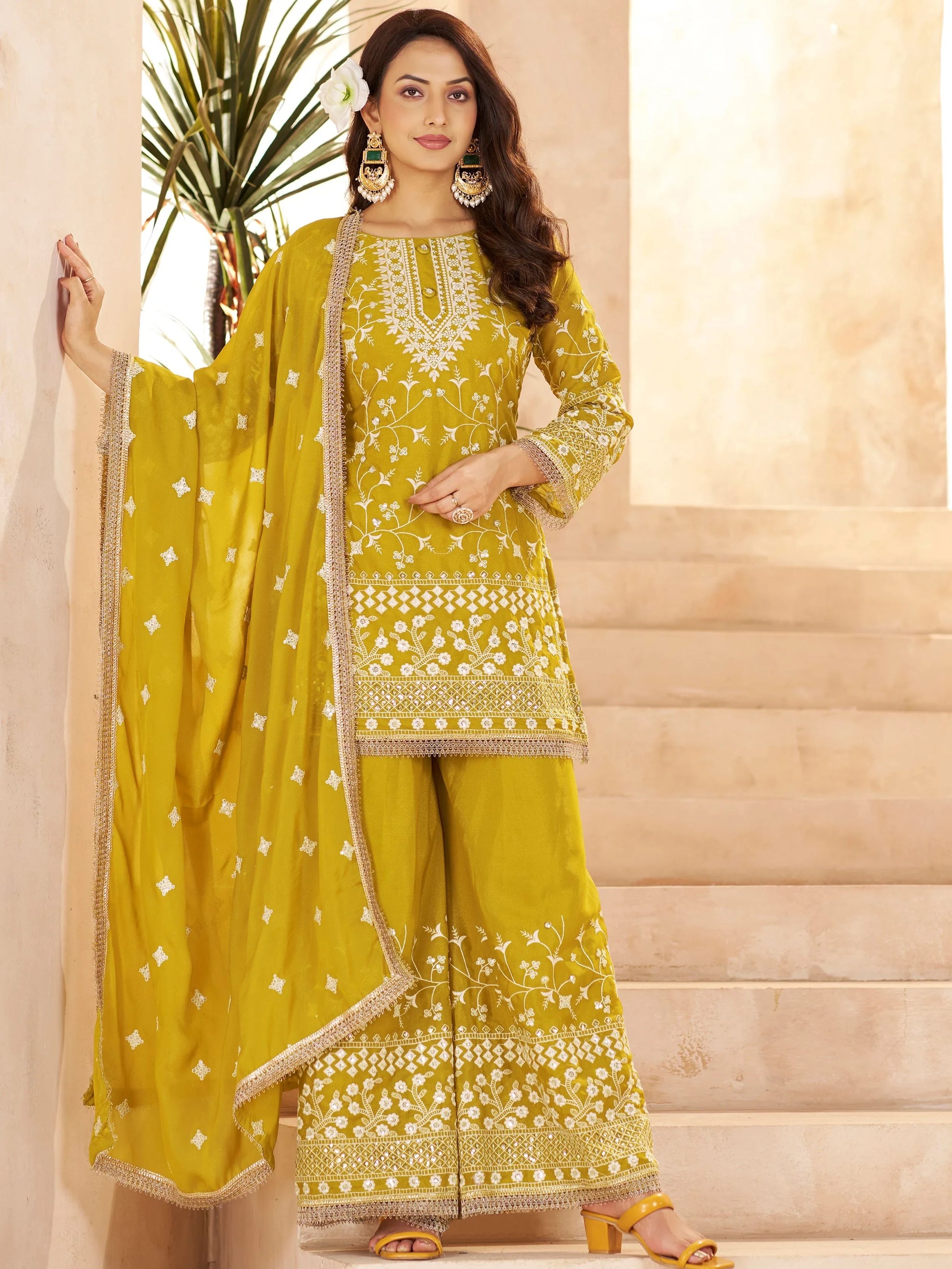 Gorgeous Yellow Sequins Work Georgette Festive Wear Palazzo Suit