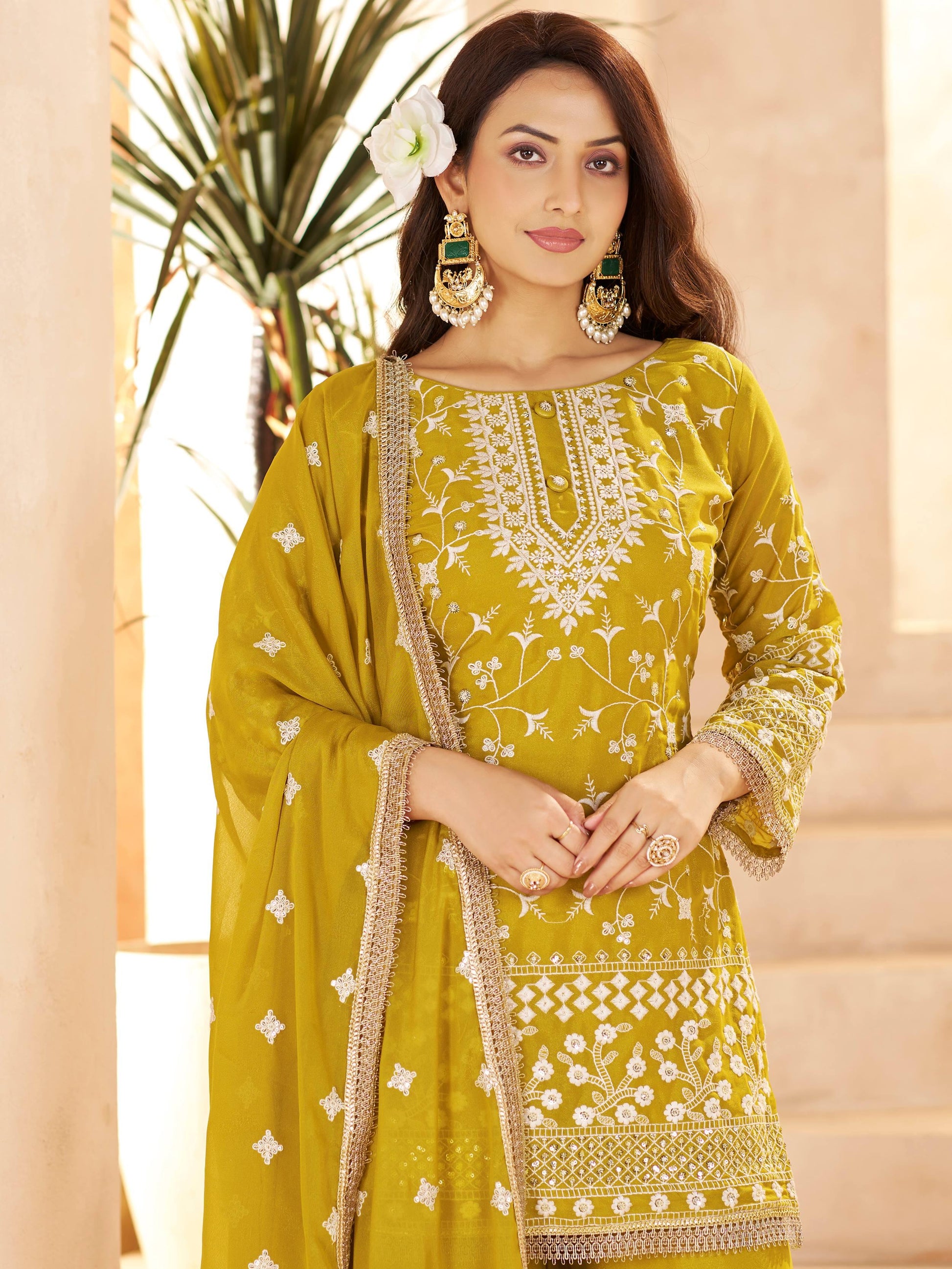 Gorgeous Yellow Sequins Work Georgette Festive Wear Palazzo Suit