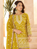 Gorgeous Yellow Sequins Work Georgette Festive Wear Palazzo Suit