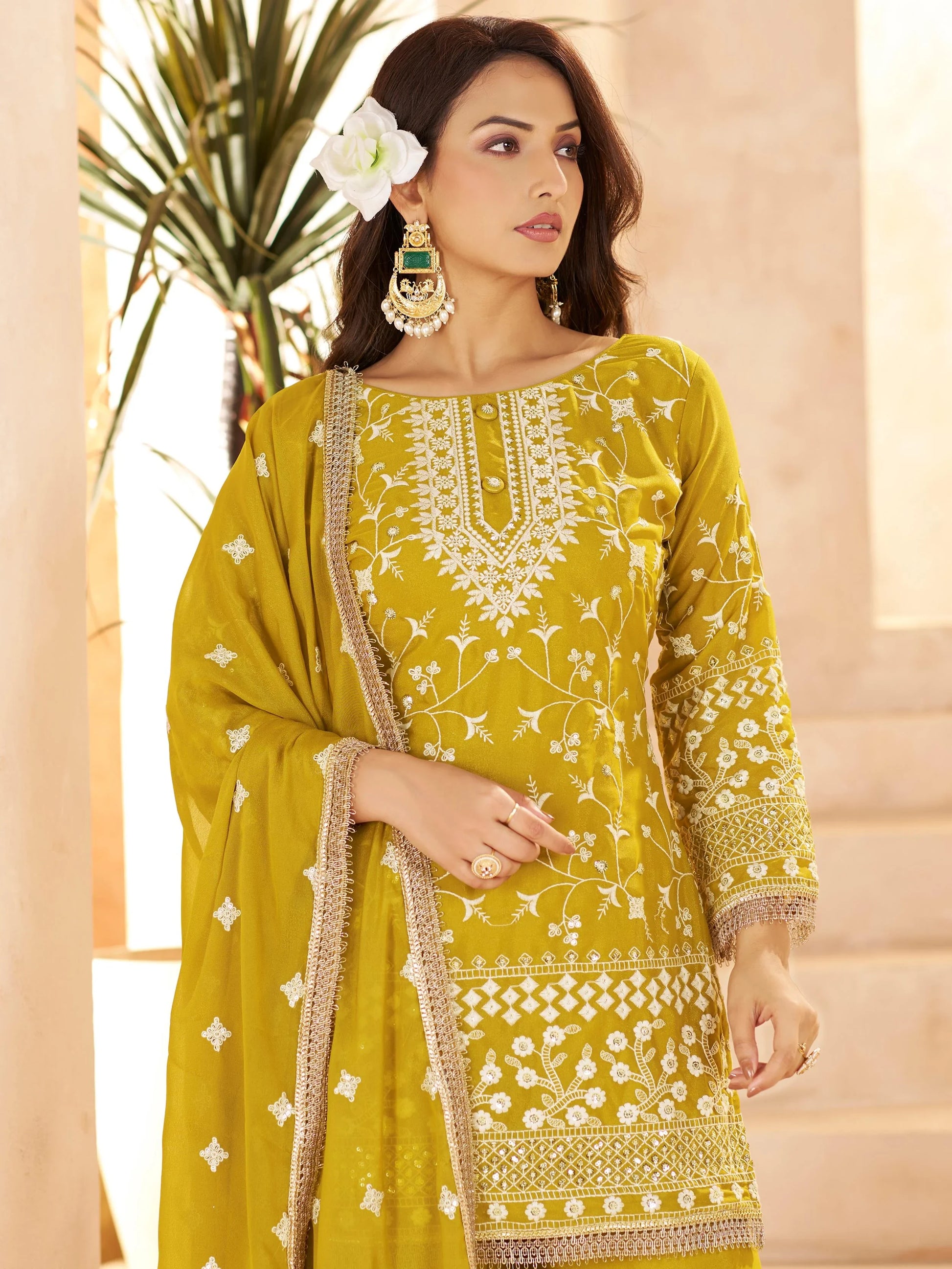 Gorgeous Yellow Sequins Work Georgette Festive Wear Palazzo Suit