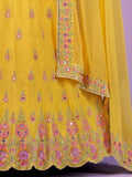 Yellow embroidered women's ethnic dress with floral mirror work and scalloped hem