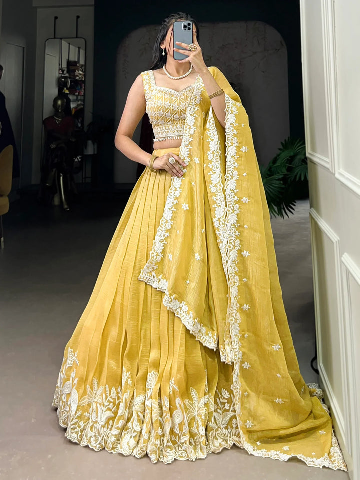 Gorgeous Yellow Thread Work Crush Silk Haldi Wear Lehenga Choli With Dupatta - Zeel Clothing