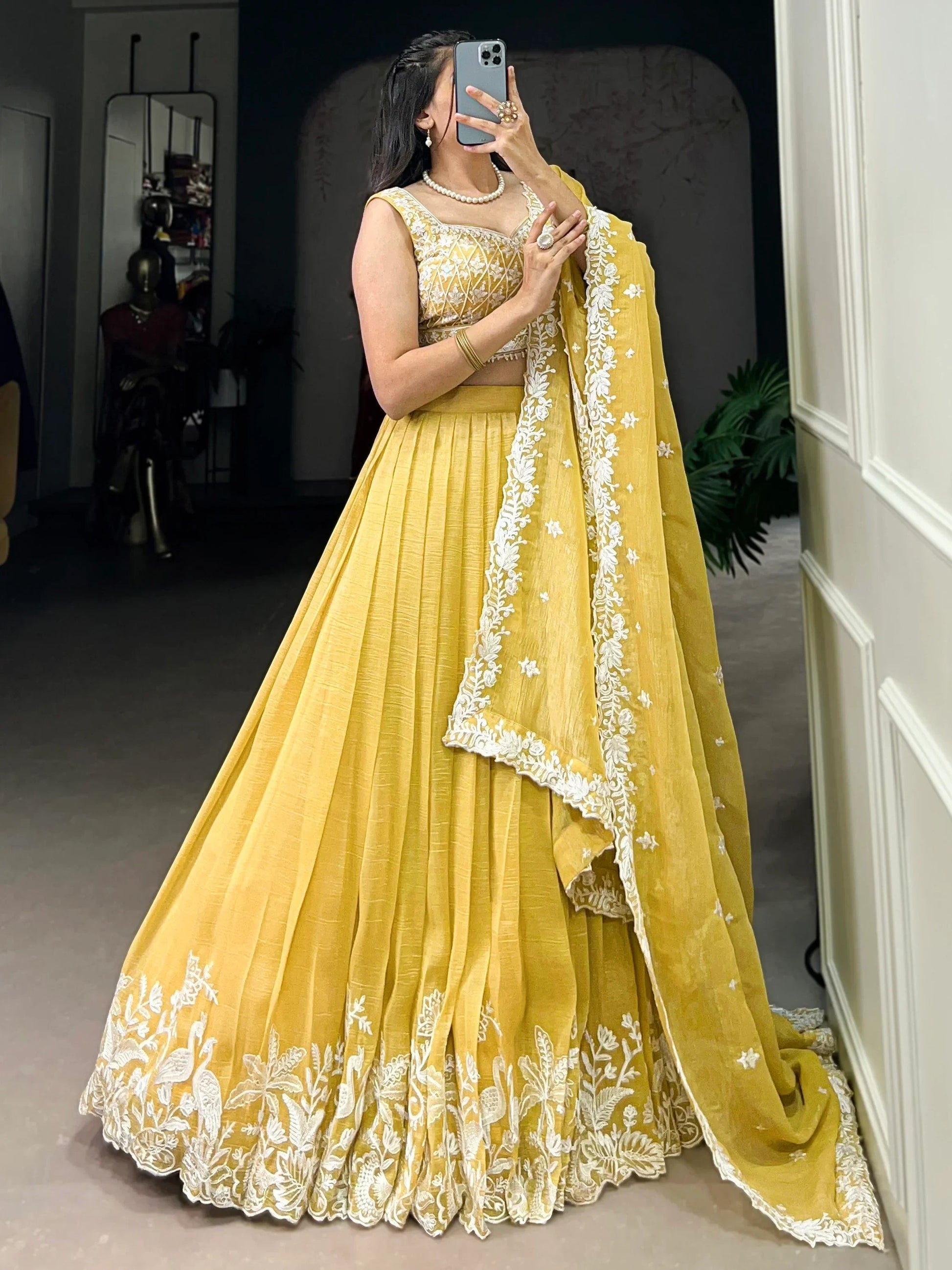 Gorgeous Yellow Thread Work Crush Silk Haldi Wear Lehenga Choli With Dupatta - Zeel Clothing