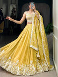 Gorgeous Yellow Thread Work Crush Silk Haldi Wear Lehenga Choli With Dupatta - Zeel Clothing
