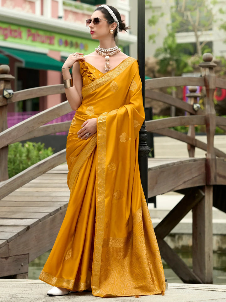 Gorgeous Yellow Zari Weaving Satin Haldi Wear Saree With Blouse - Zeel Clothing