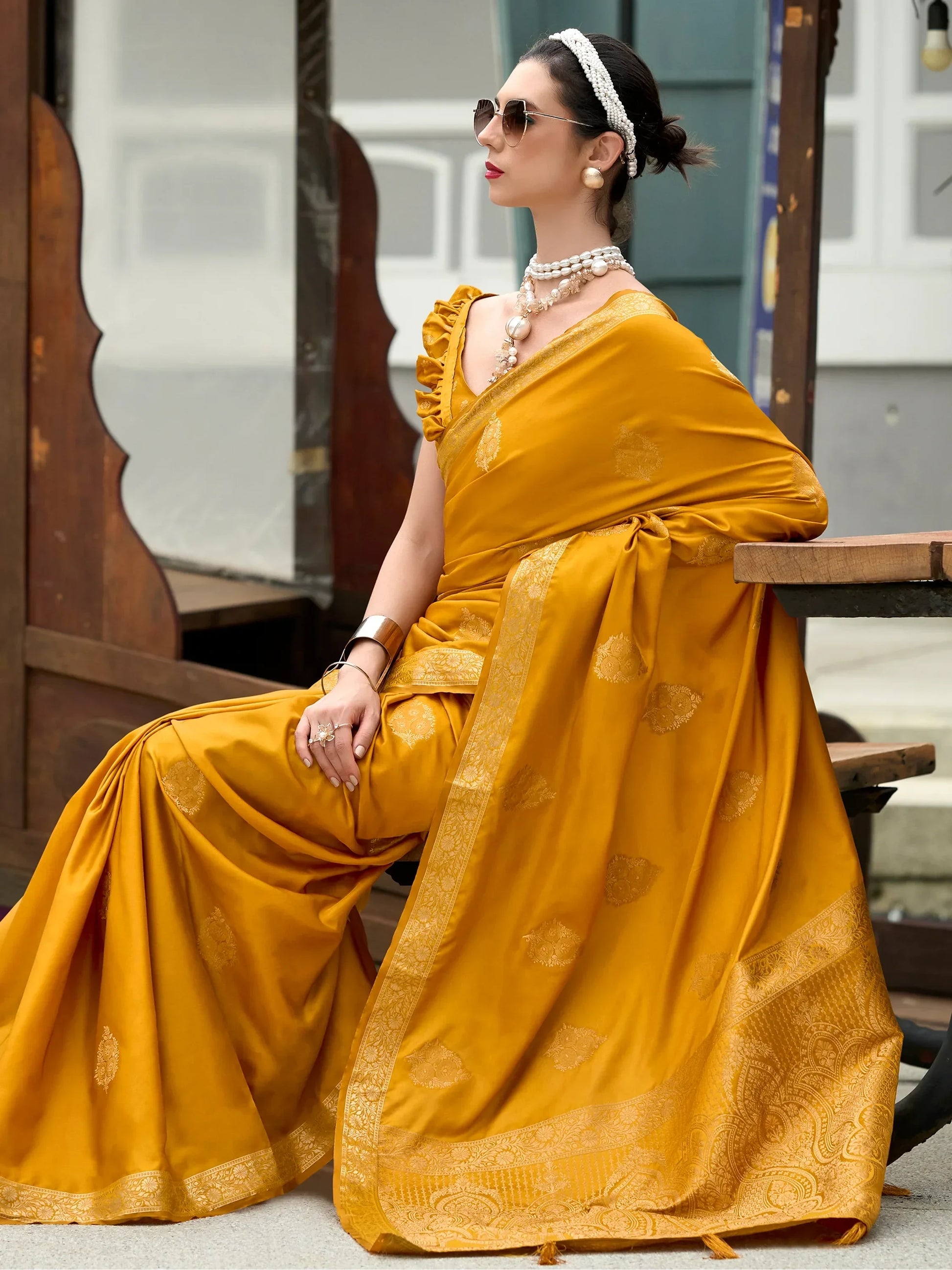 Gorgeous Yellow Zari Weaving Satin Haldi Wear Saree With Blouse - Zeel Clothing