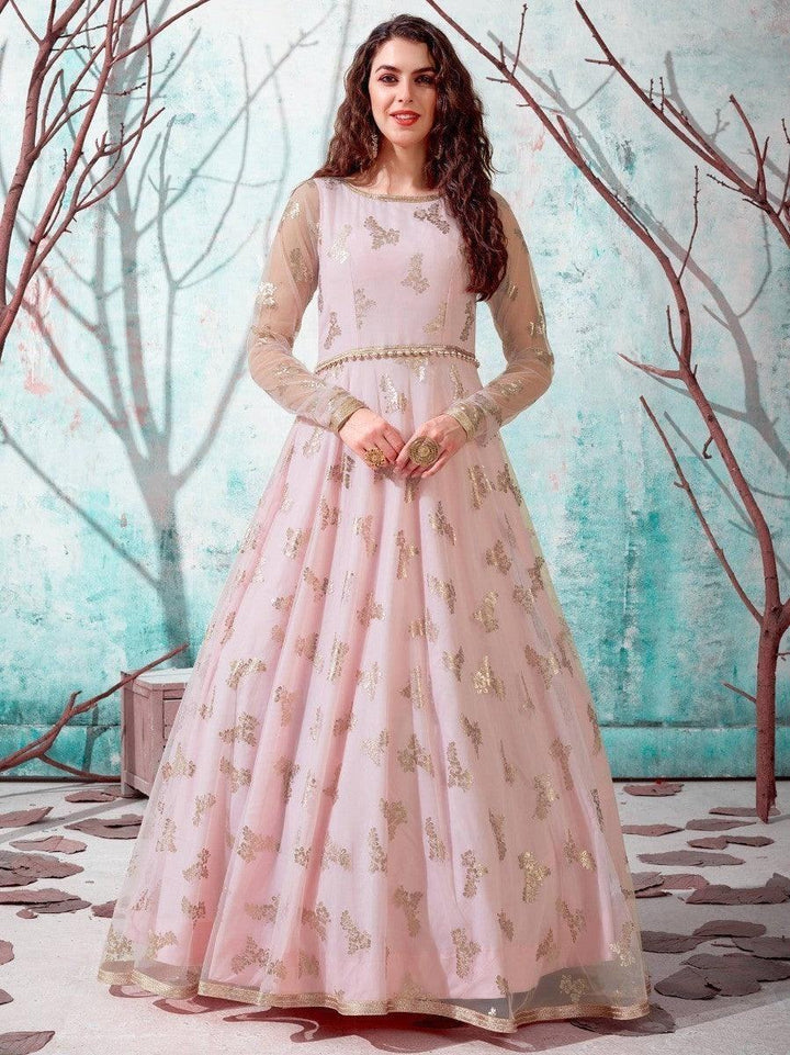 Pink floral embroidered anarkali gown with sheer sleeves, perfect for festive occasions and evening wear