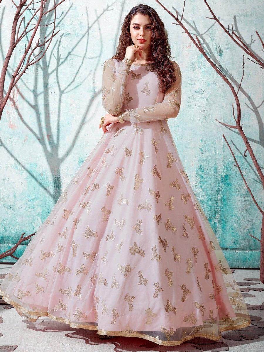 Graceful Baby Pink Foil Work Net Party Wear Long Gown - Zeel Clothing