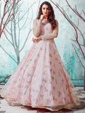 Pink floral embroidered anarkali gown with sheer sleeves for women's festive wear