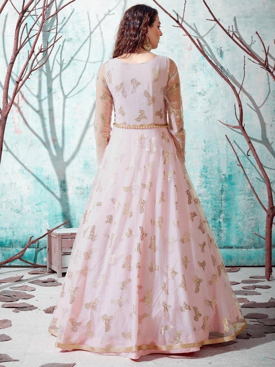 Elegant pink anarkali with gold embroidery, perfect for women's festive wear and special occasions.