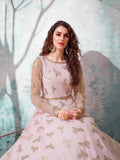 Pink embroidered anarkali gown with gold detailing, sheer sleeves, and matching jewelry for women's fashion