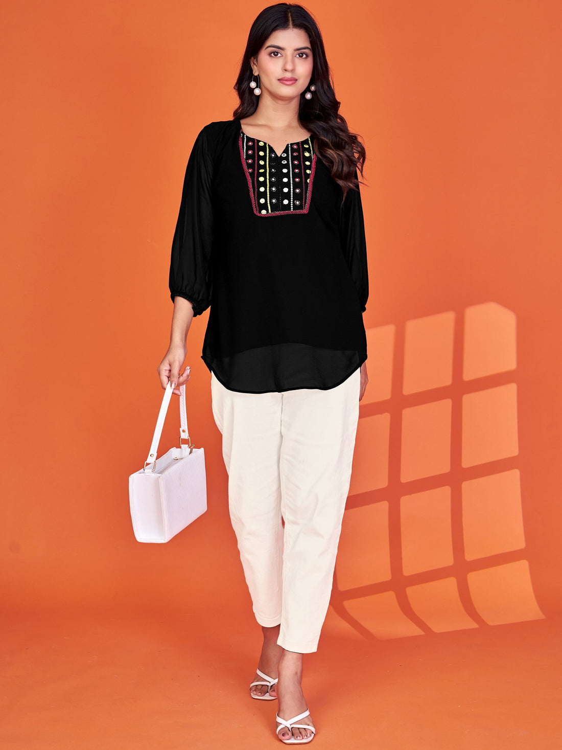 Graceful Black Embroidered Georgette Office Wear Top